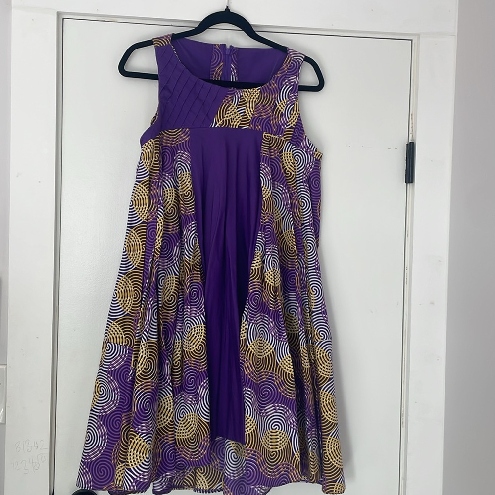 Ankara Vibrant Purple and Gold Swirl Dress, Size Medium